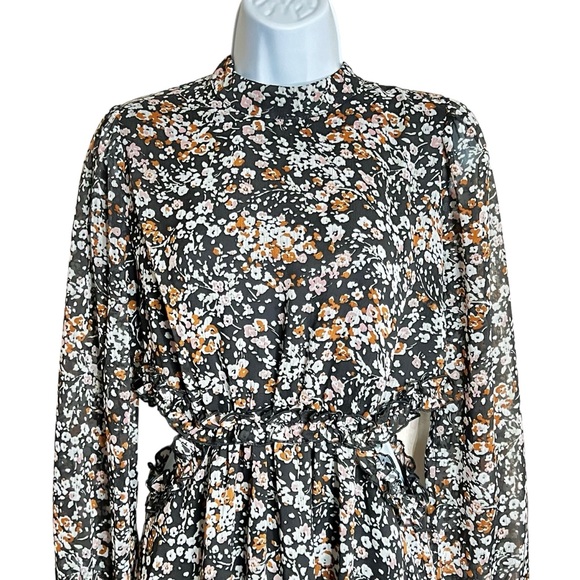 Lulus Autumn Bliss Mini Dress Size S Womens Black Floral Cut Out Sides High Neck - Picture 2 of 10
